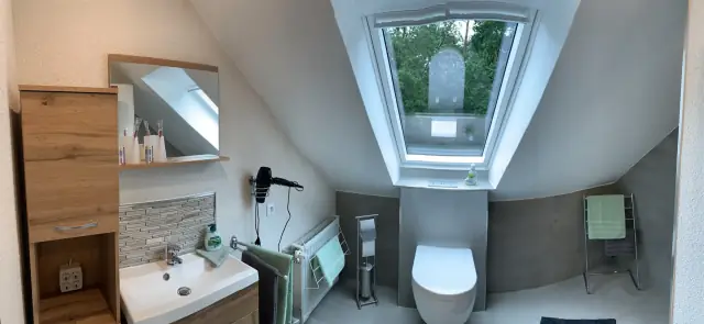 Saniertes Badezimmer mit Waschtisch, Spiegelschrank, WC und Dachfenster
