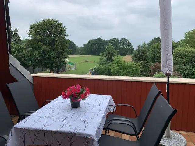 Blick vom Balkon über Wiesen und Bäume